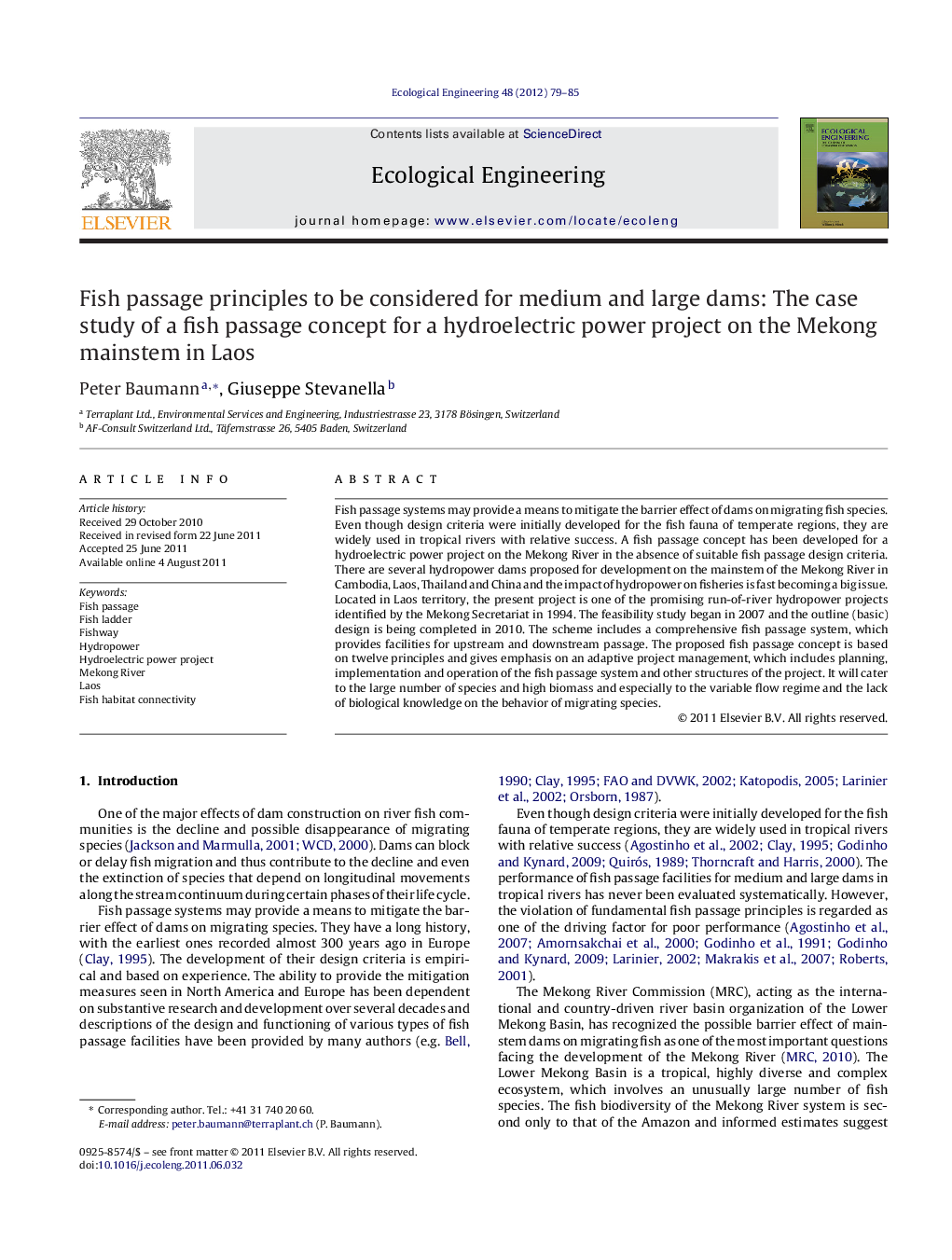 Fish passage principles to be considered for medium and large dams: The case study of a fish passage concept for a hydroelectric power project on the Mekong mainstem in Laos