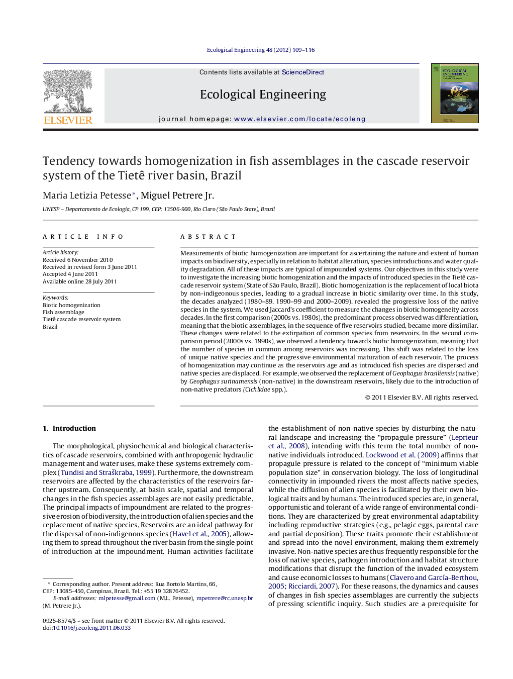 Tendency towards homogenization in fish assemblages in the cascade reservoir system of the Tietê river basin, Brazil