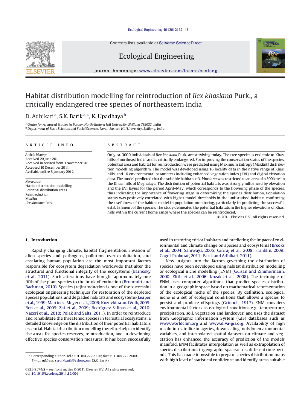 Habitat distribution modelling for reintroduction of Ilex khasiana Purk., a critically endangered tree species of northeastern India