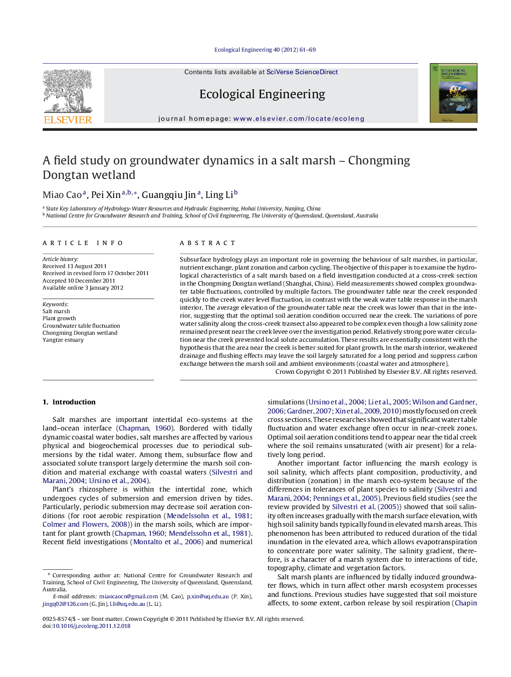 A field study on groundwater dynamics in a salt marsh – Chongming Dongtan wetland