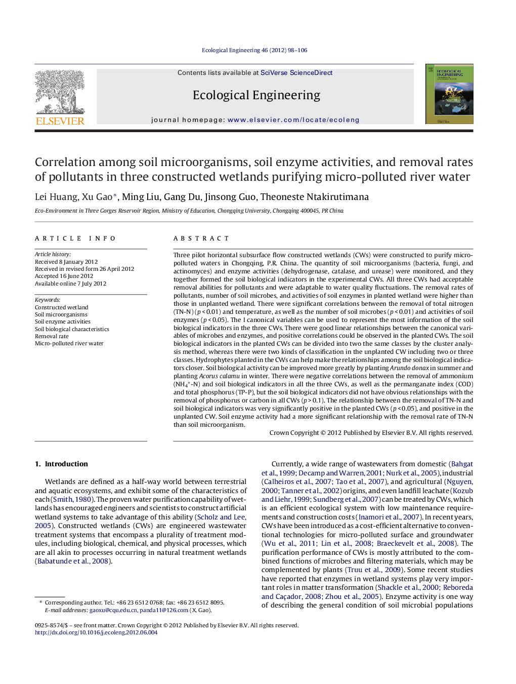 Correlation among soil microorganisms, soil enzyme activities, and removal rates of pollutants in three constructed wetlands purifying micro-polluted river water