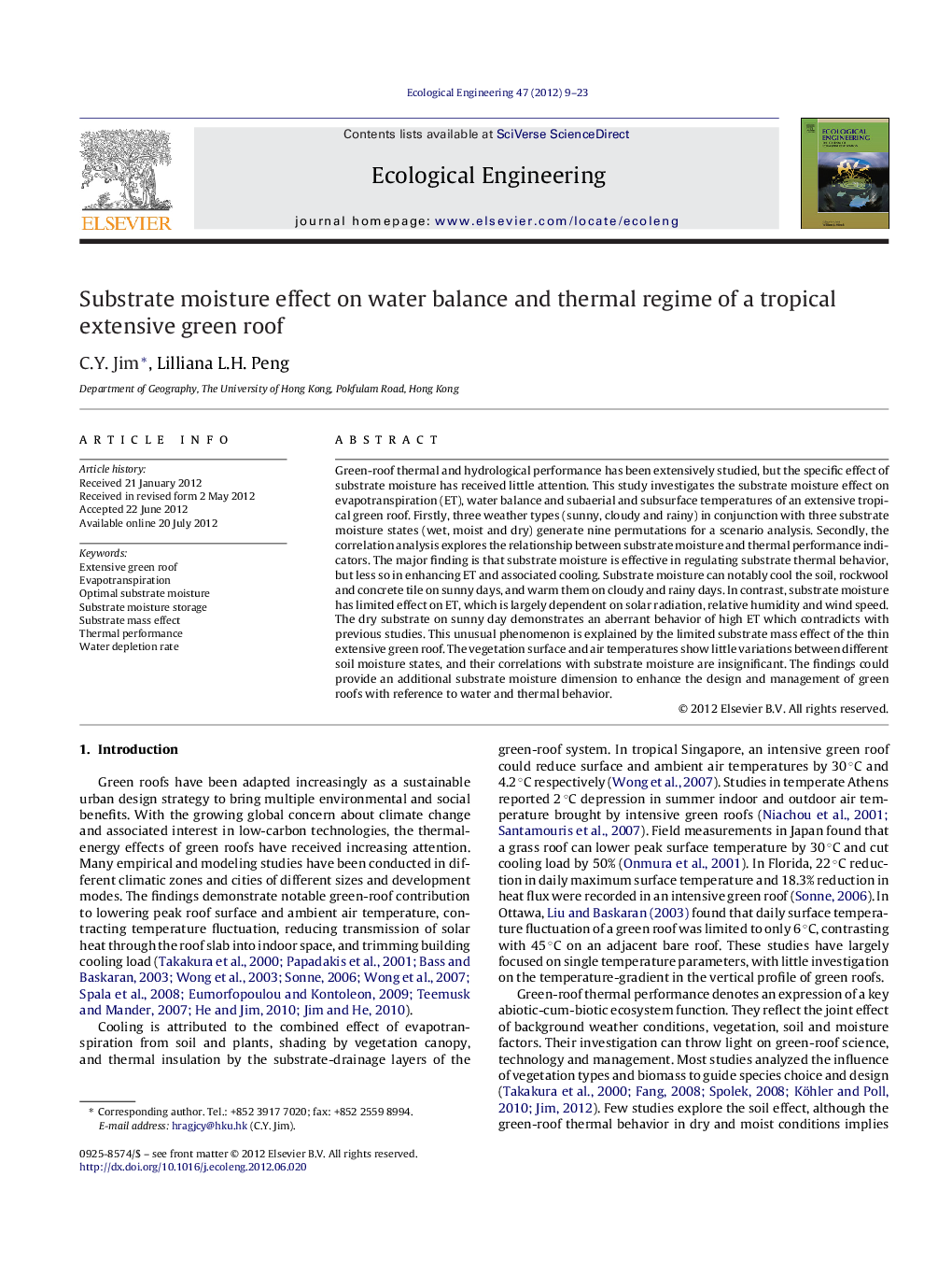 Substrate moisture effect on water balance and thermal regime of a tropical extensive green roof