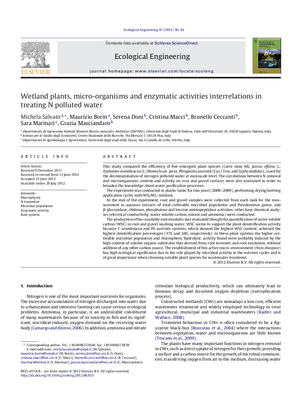 Wetland plants, micro-organisms and enzymatic activities interrelations in treating N polluted water