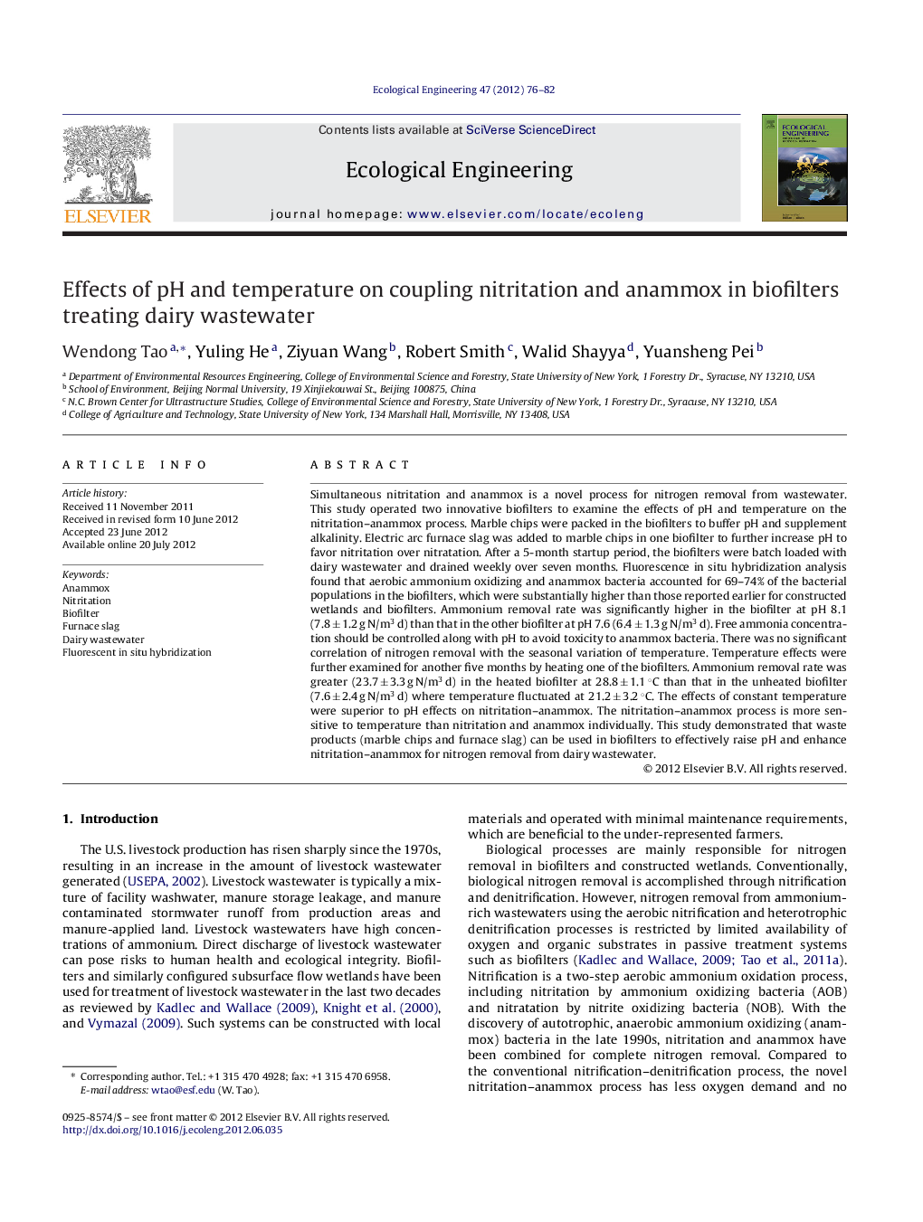 Effects of pH and temperature on coupling nitritation and anammox in biofilters treating dairy wastewater