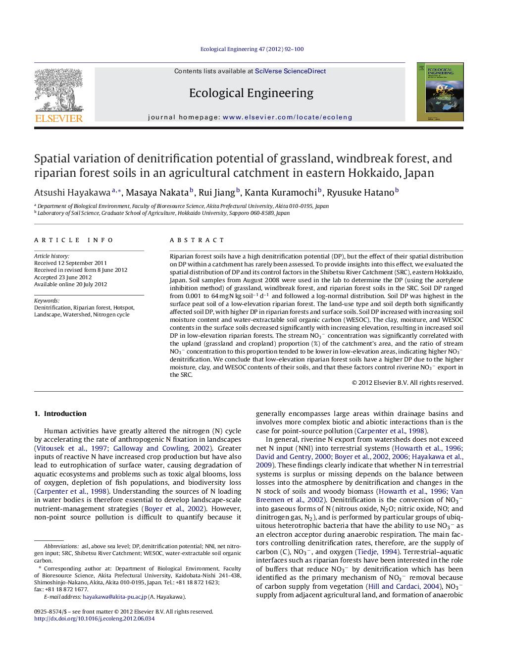 Spatial variation of denitrification potential of grassland, windbreak forest, and riparian forest soils in an agricultural catchment in eastern Hokkaido, Japan