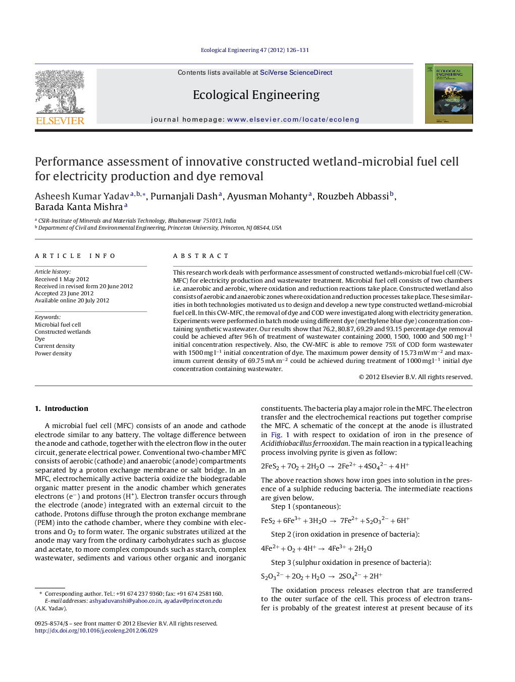 Performance assessment of innovative constructed wetland-microbial fuel cell for electricity production and dye removal