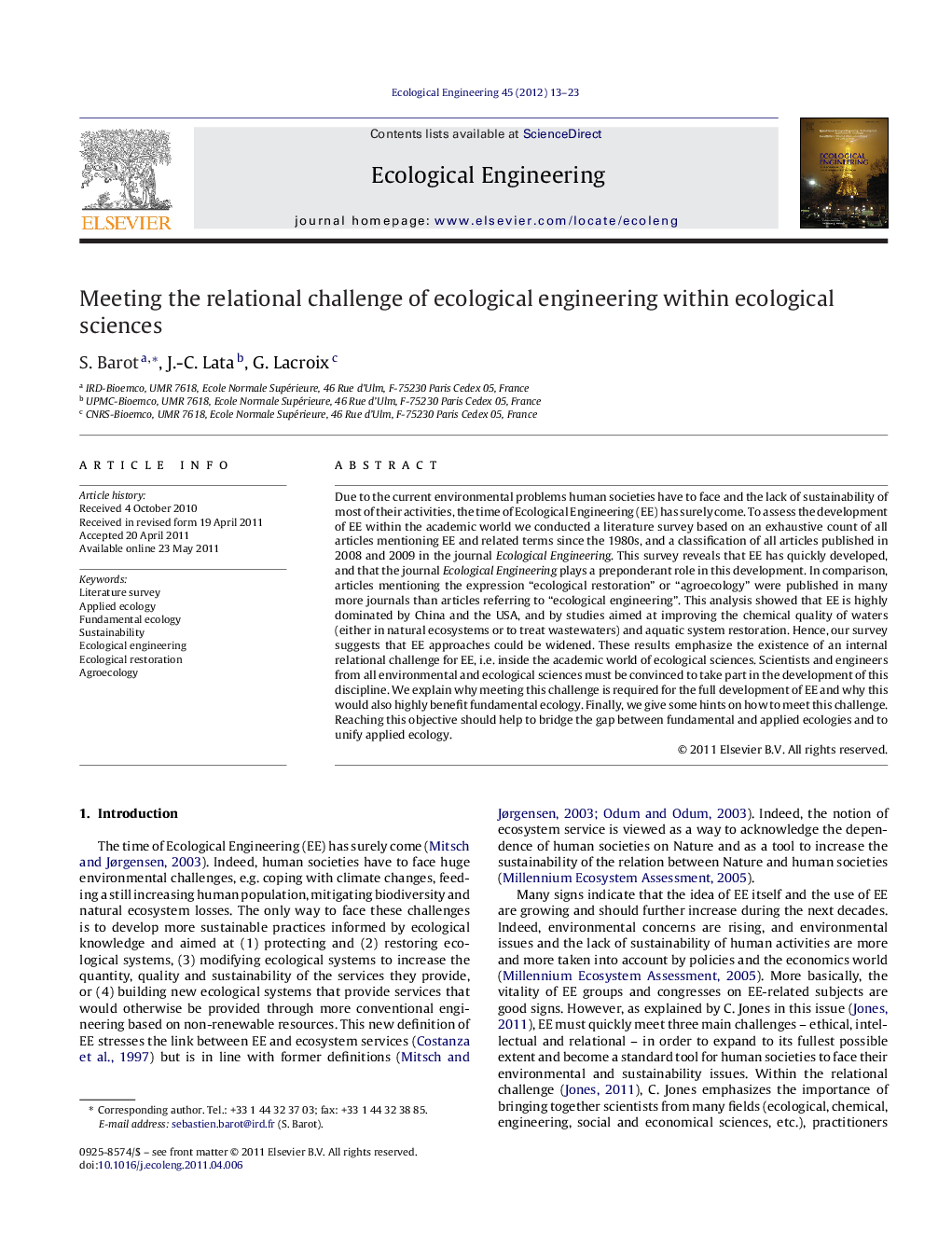 Meeting the relational challenge of ecological engineering within ecological sciences