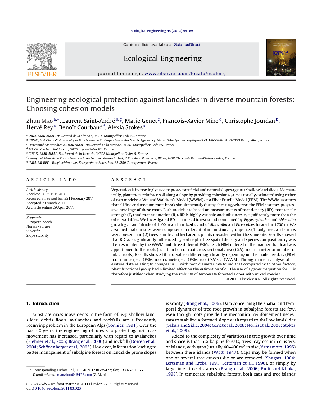 Engineering ecological protection against landslides in diverse mountain forests: Choosing cohesion models