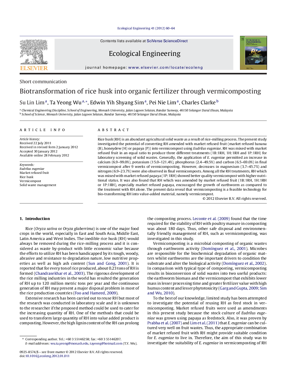 Biotransformation of rice husk into organic fertilizer through vermicomposting