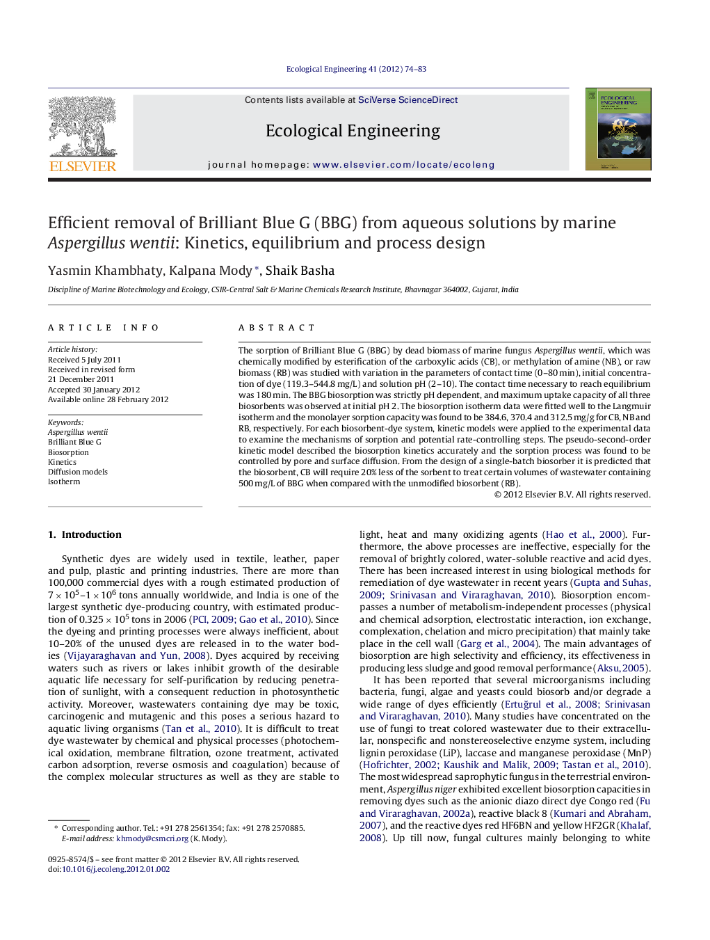 Efficient removal of Brilliant Blue G (BBG) from aqueous solutions by marine Aspergillus wentii: Kinetics, equilibrium and process design