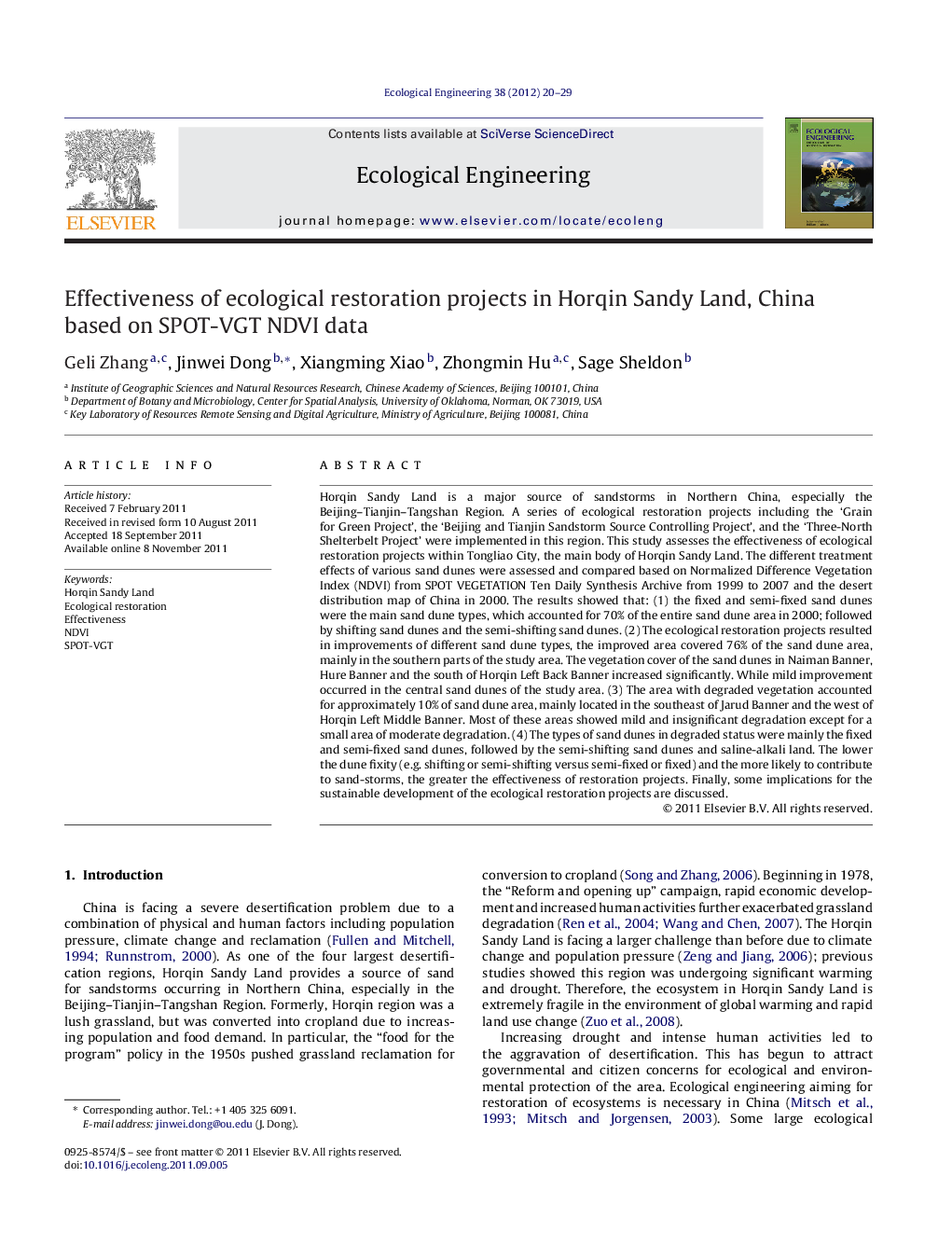 Effectiveness of ecological restoration projects in Horqin Sandy Land, China based on SPOT-VGT NDVI data