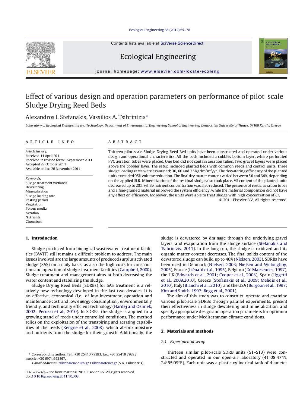 Effect of various design and operation parameters on performance of pilot-scale Sludge Drying Reed Beds