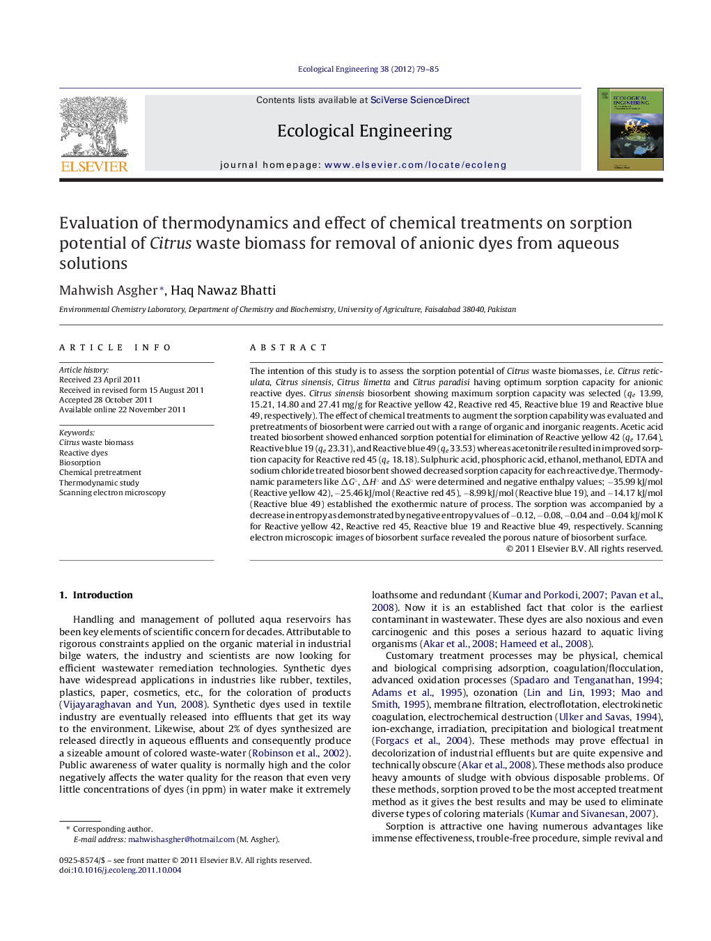 Evaluation of thermodynamics and effect of chemical treatments on sorption potential of Citrus waste biomass for removal of anionic dyes from aqueous solutions