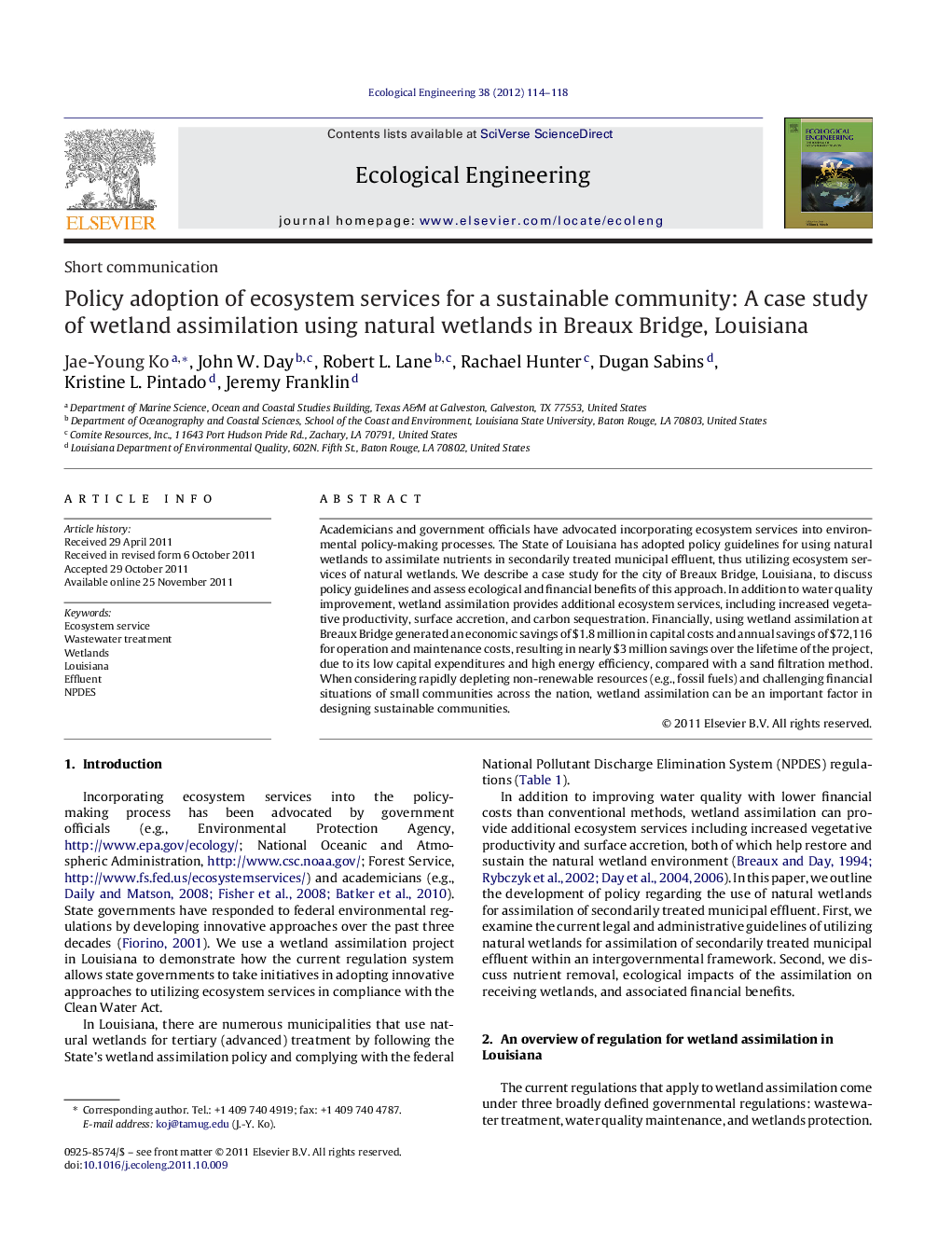 Policy adoption of ecosystem services for a sustainable community: A case study of wetland assimilation using natural wetlands in Breaux Bridge, Louisiana