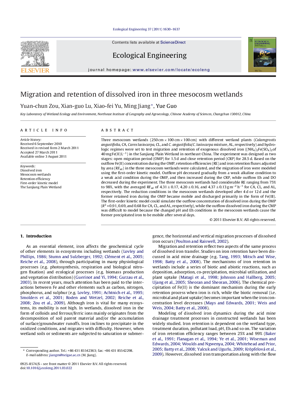 Migration and retention of dissolved iron in three mesocosm wetlands