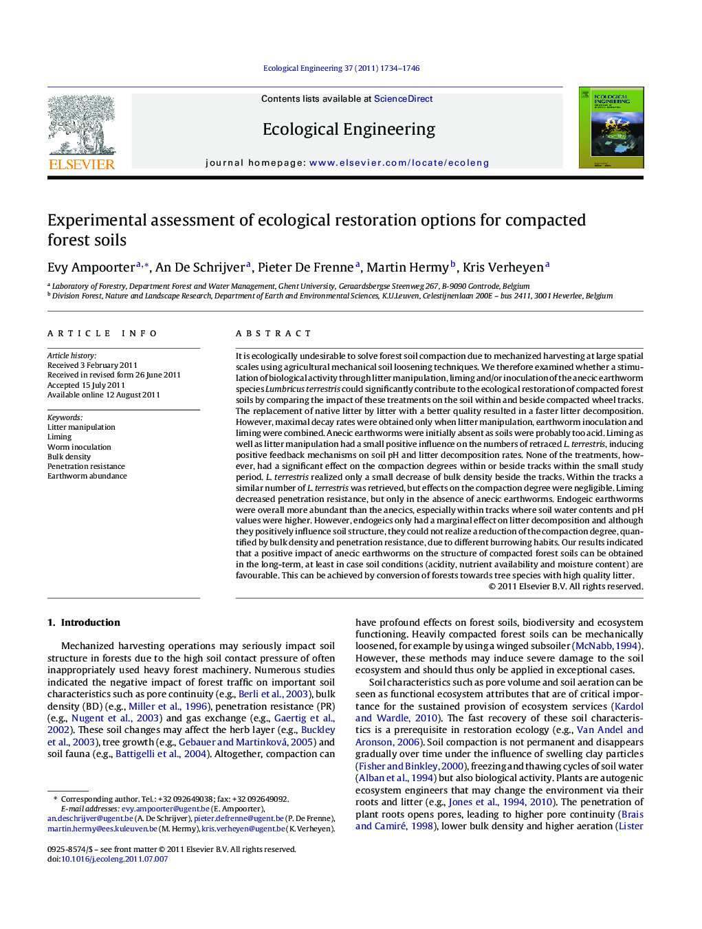 Experimental assessment of ecological restoration options for compacted forest soils