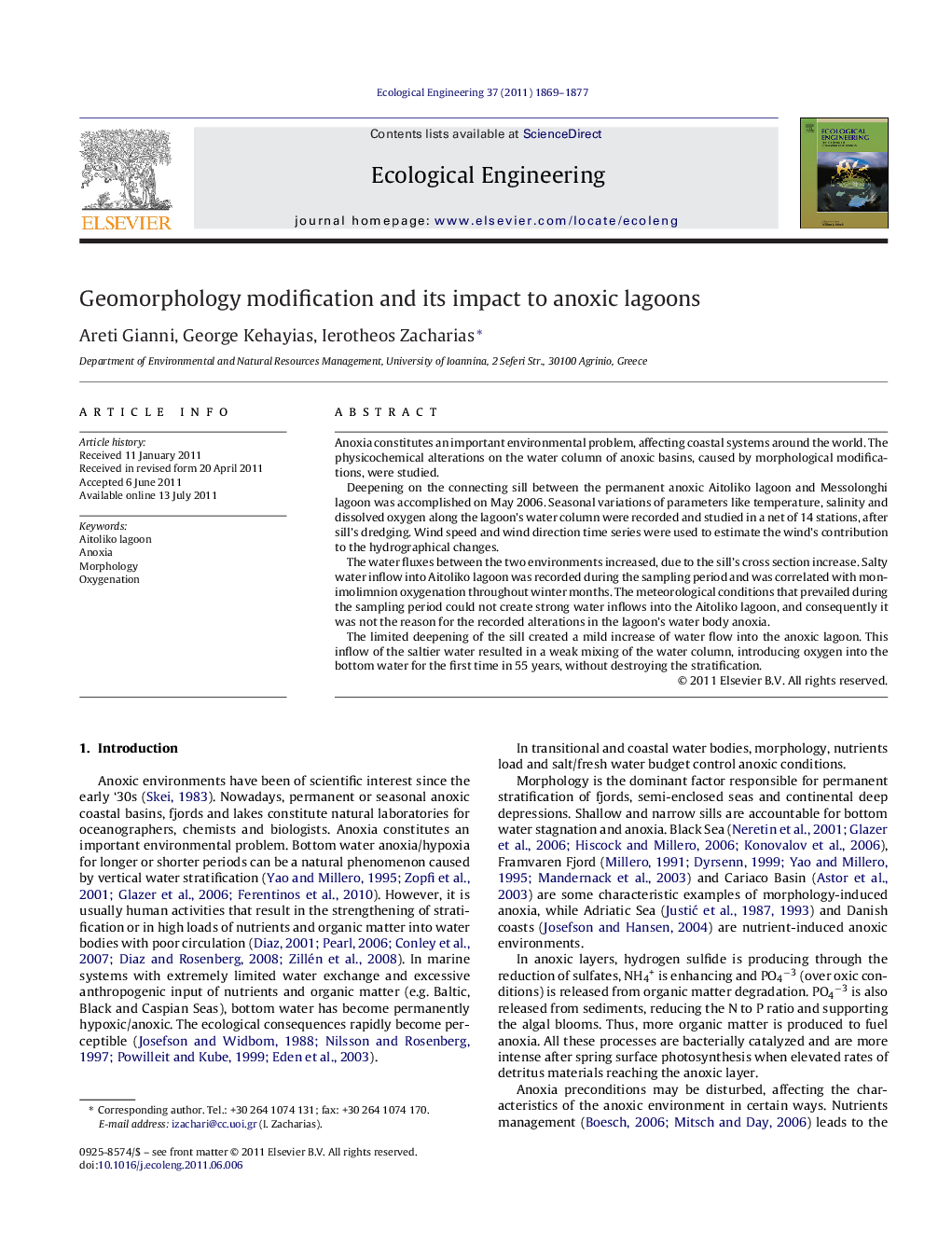 Geomorphology modification and its impact to anoxic lagoons