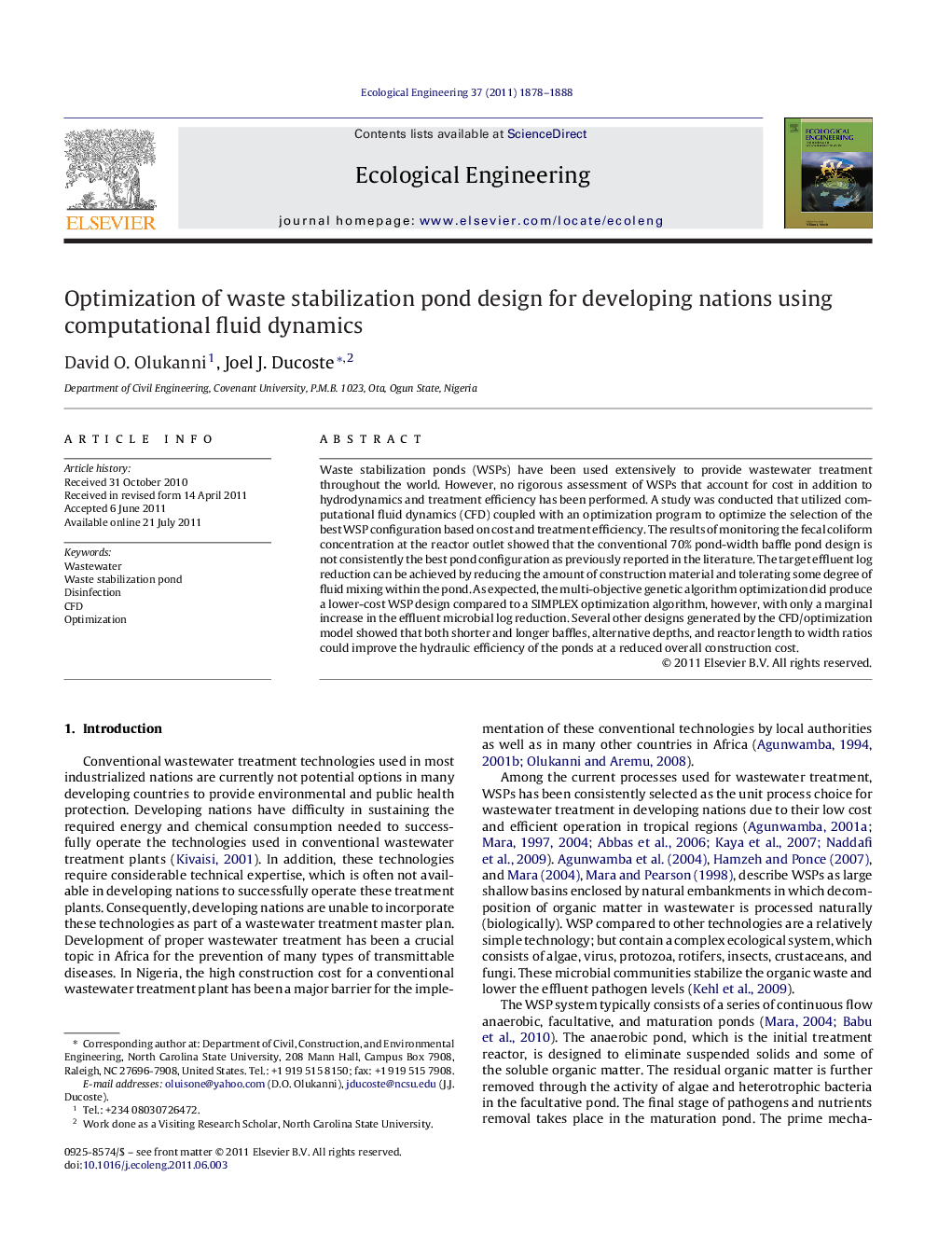 Optimization of waste stabilization pond design for developing nations using computational fluid dynamics