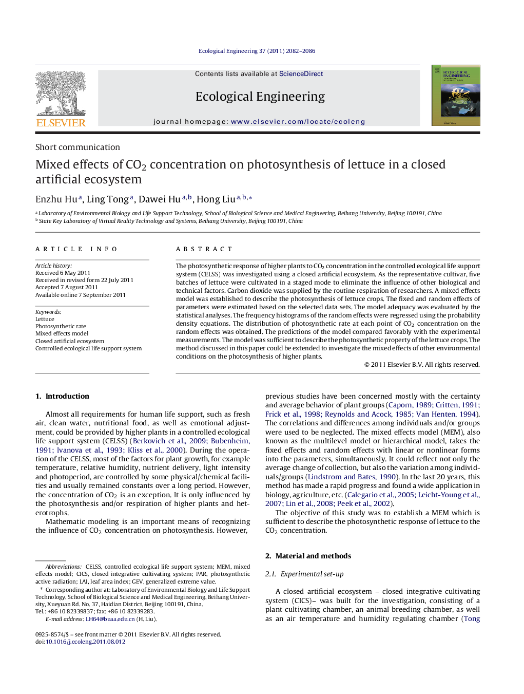 Mixed effects of CO2 concentration on photosynthesis of lettuce in a closed artificial ecosystem