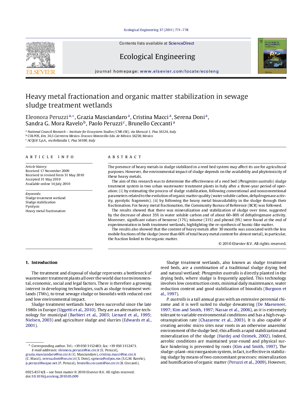 Heavy metal fractionation and organic matter stabilization in sewage sludge treatment wetlands