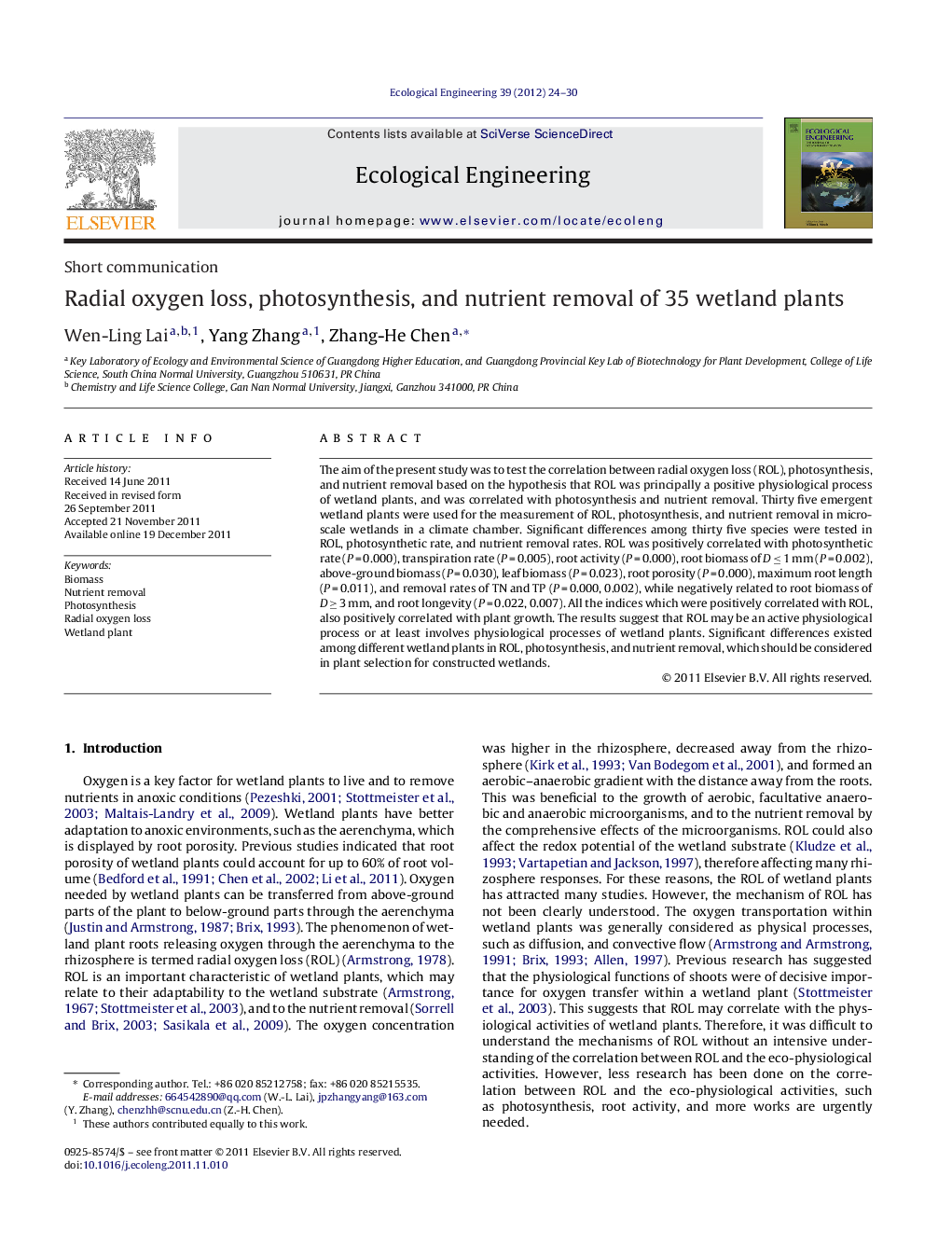 Radial oxygen loss, photosynthesis, and nutrient removal of 35 wetland plants