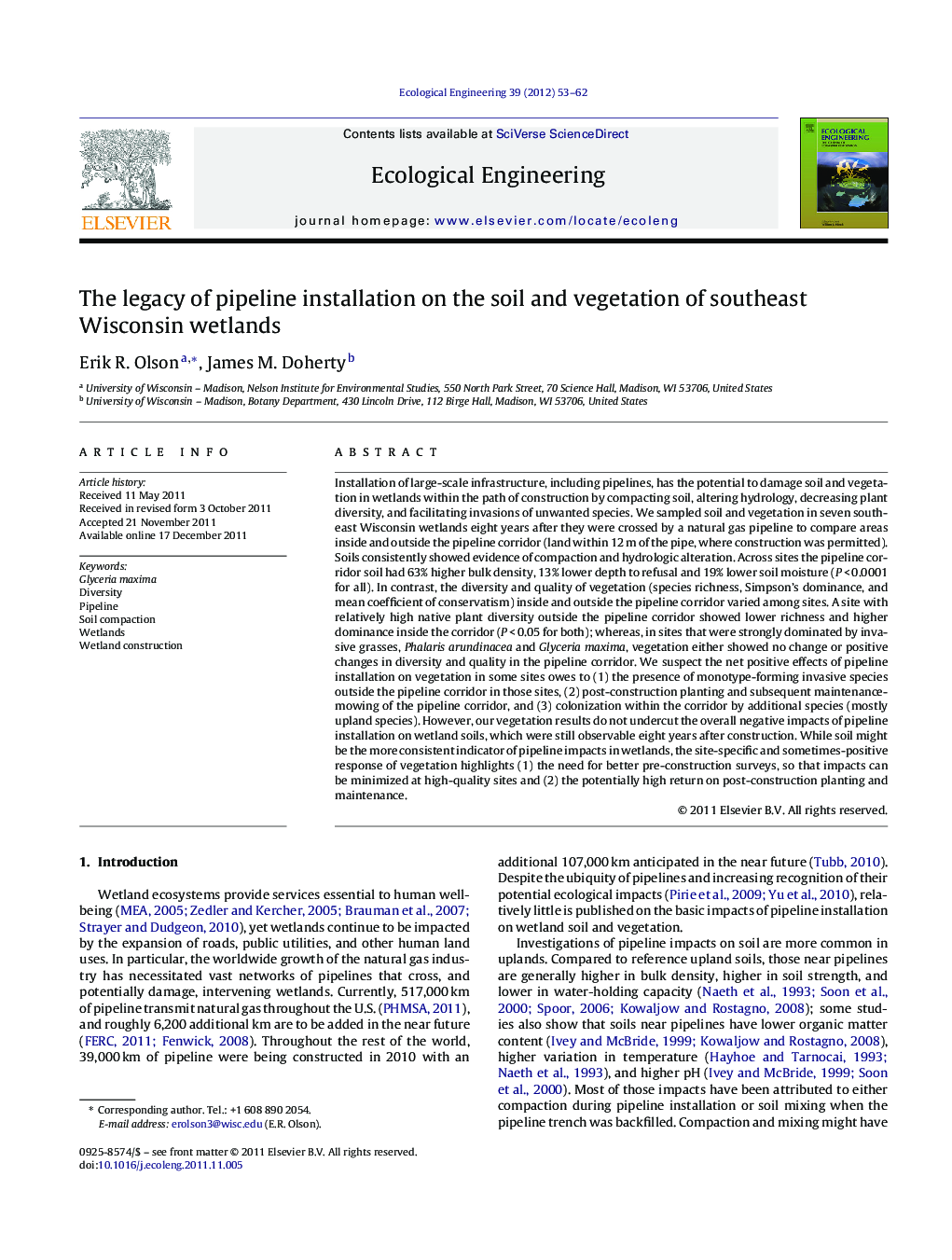 The legacy of pipeline installation on the soil and vegetation of southeast Wisconsin wetlands