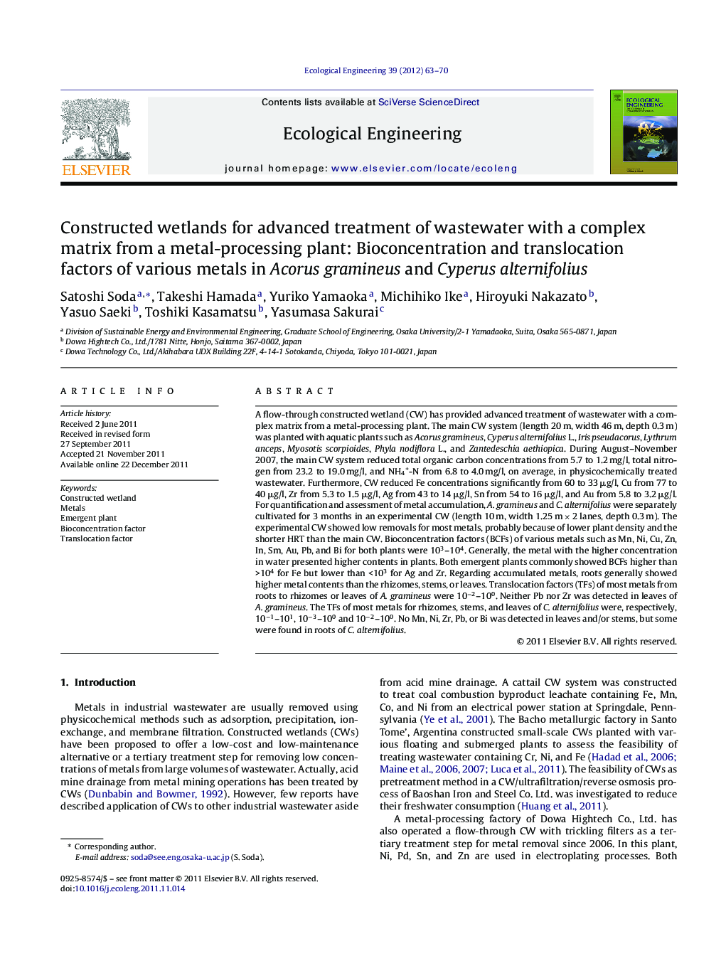 Constructed wetlands for advanced treatment of wastewater with a complex matrix from a metal-processing plant: Bioconcentration and translocation factors of various metals in Acorus gramineus and Cyperus alternifolius