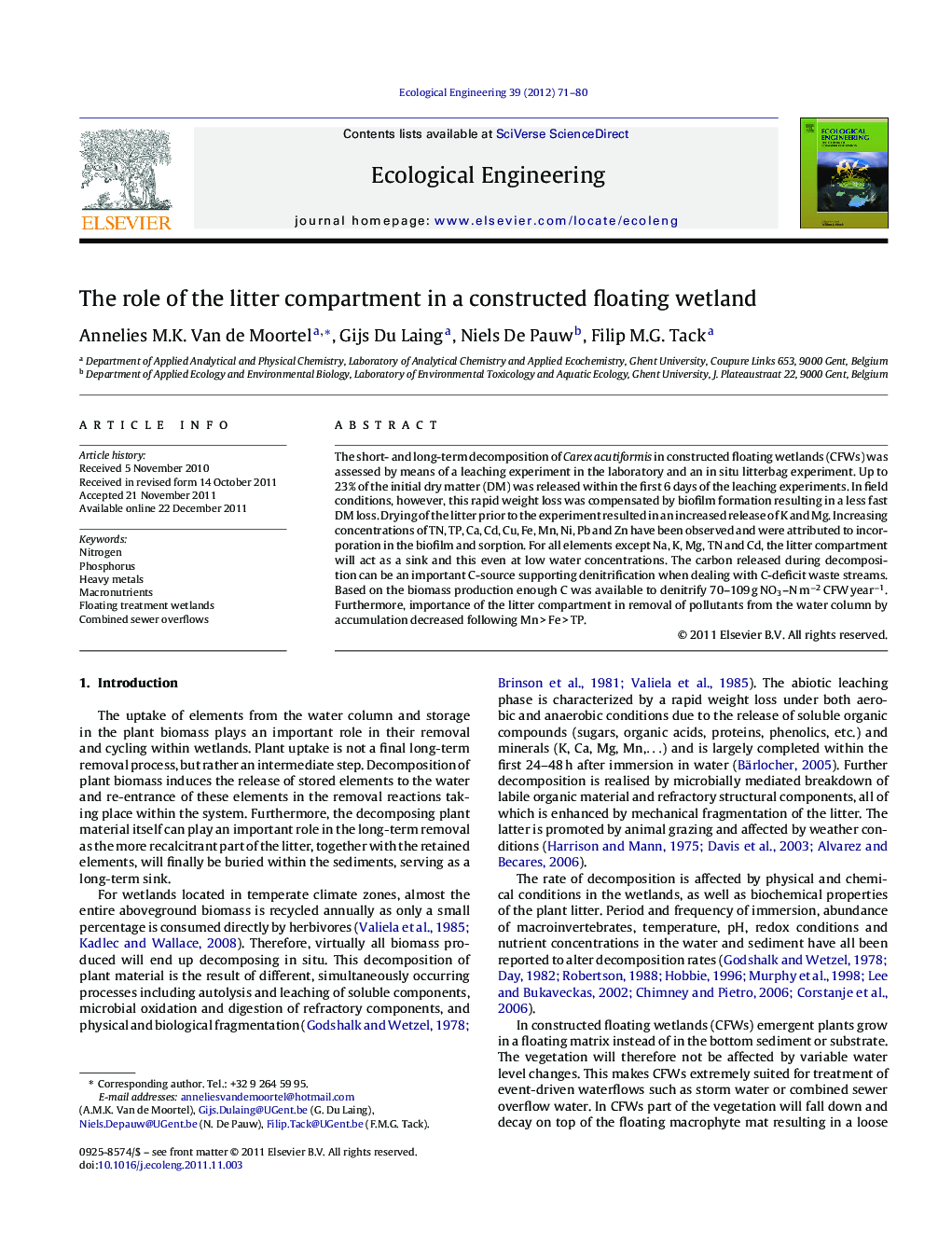 The role of the litter compartment in a constructed floating wetland