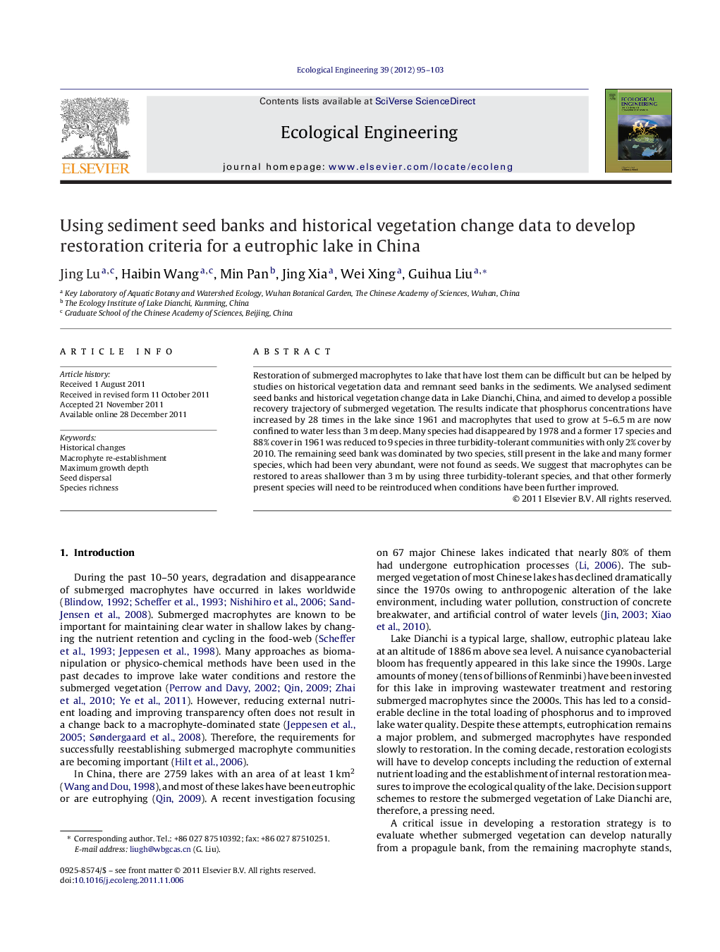 Using sediment seed banks and historical vegetation change data to develop restoration criteria for a eutrophic lake in China