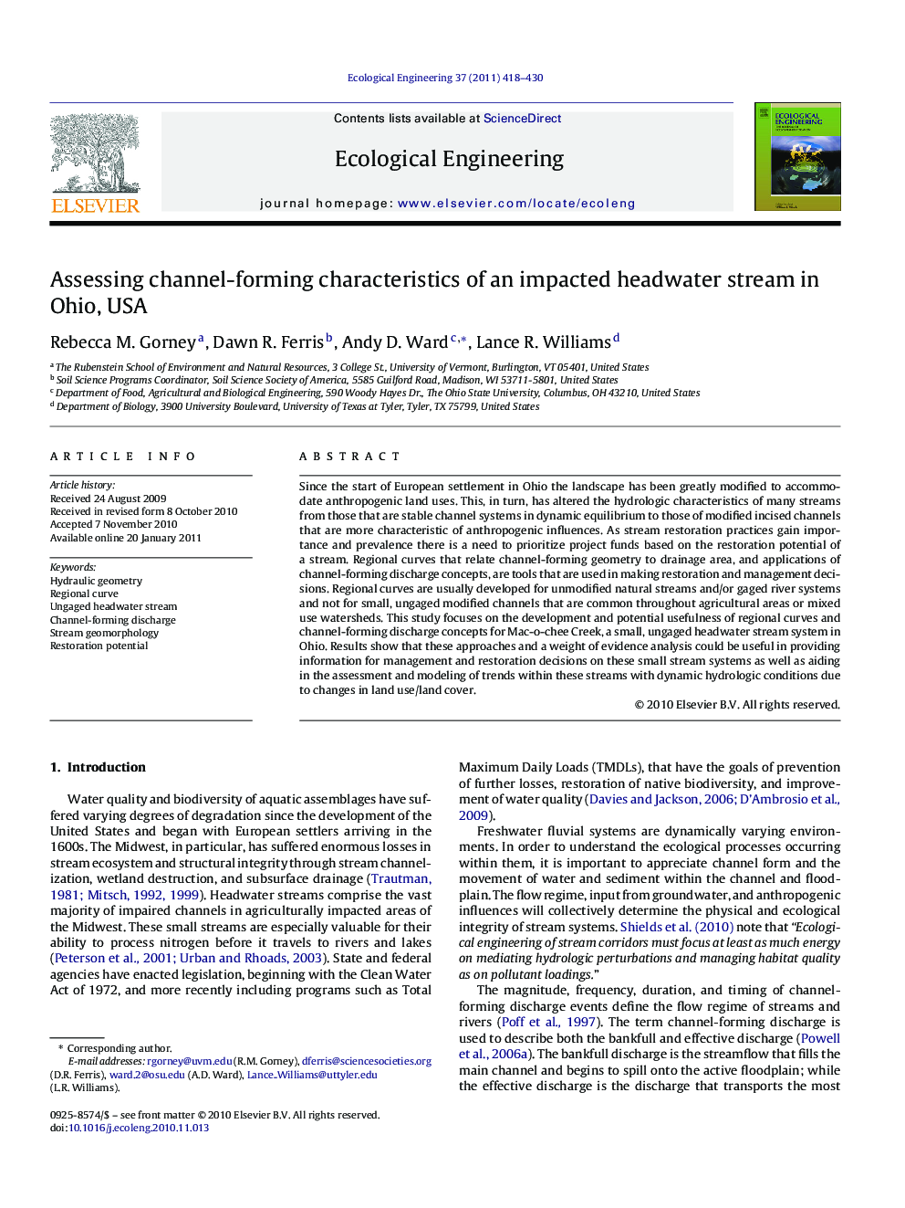 Assessing channel-forming characteristics of an impacted headwater stream in Ohio, USA