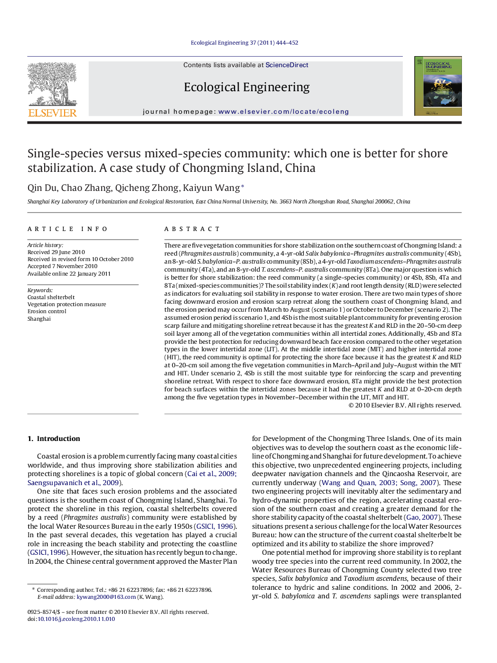 Single-species versus mixed-species community: which one is better for shore stabilization. A case study of Chongming Island, China