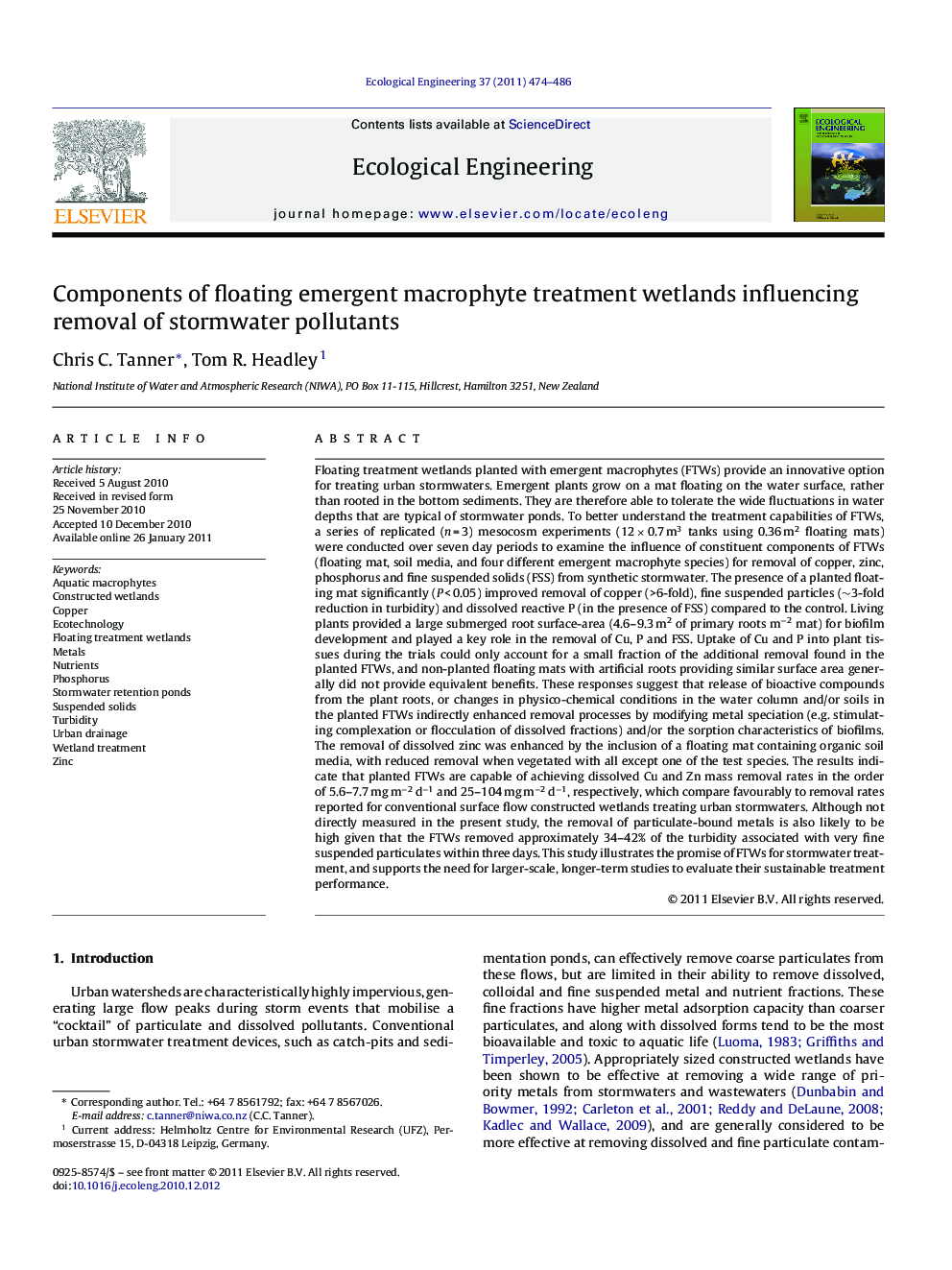 Components of floating emergent macrophyte treatment wetlands influencing removal of stormwater pollutants