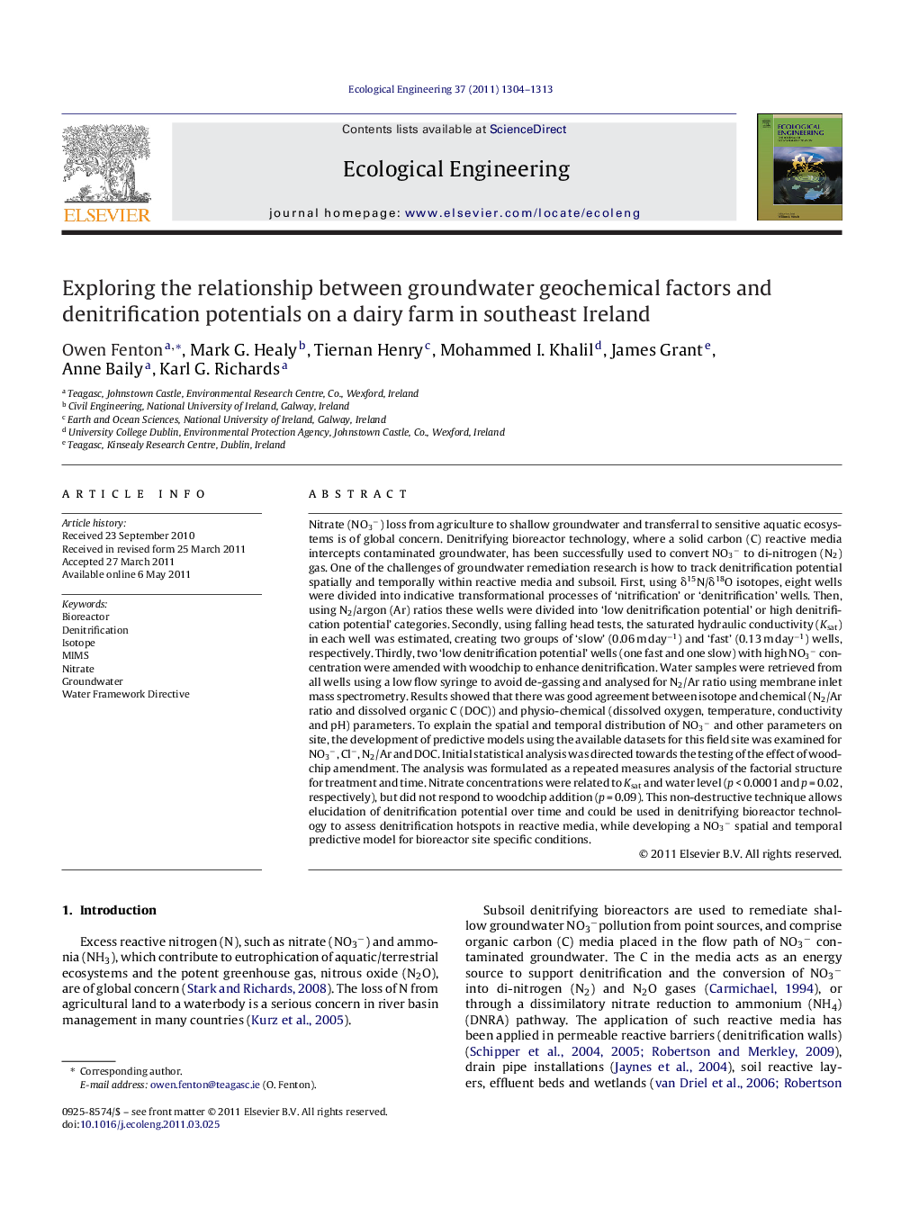 Exploring the relationship between groundwater geochemical factors and denitrification potentials on a dairy farm in southeast Ireland