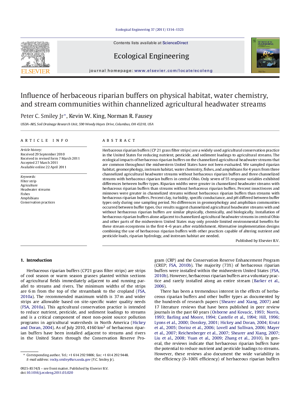 Influence of herbaceous riparian buffers on physical habitat, water chemistry, and stream communities within channelized agricultural headwater streams