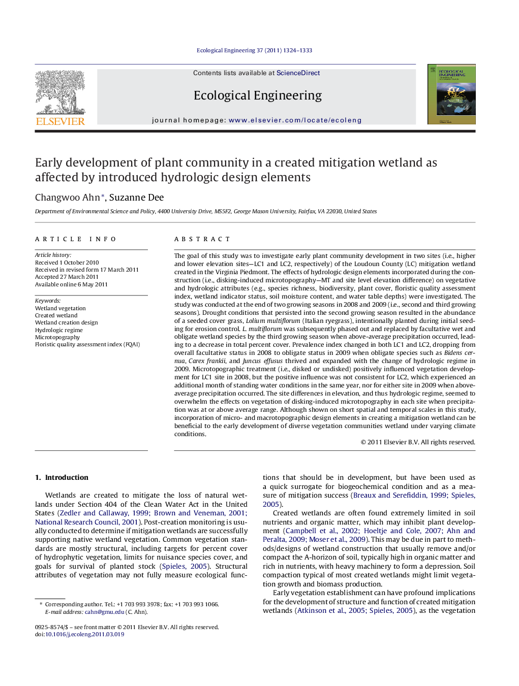 Early development of plant community in a created mitigation wetland as affected by introduced hydrologic design elements