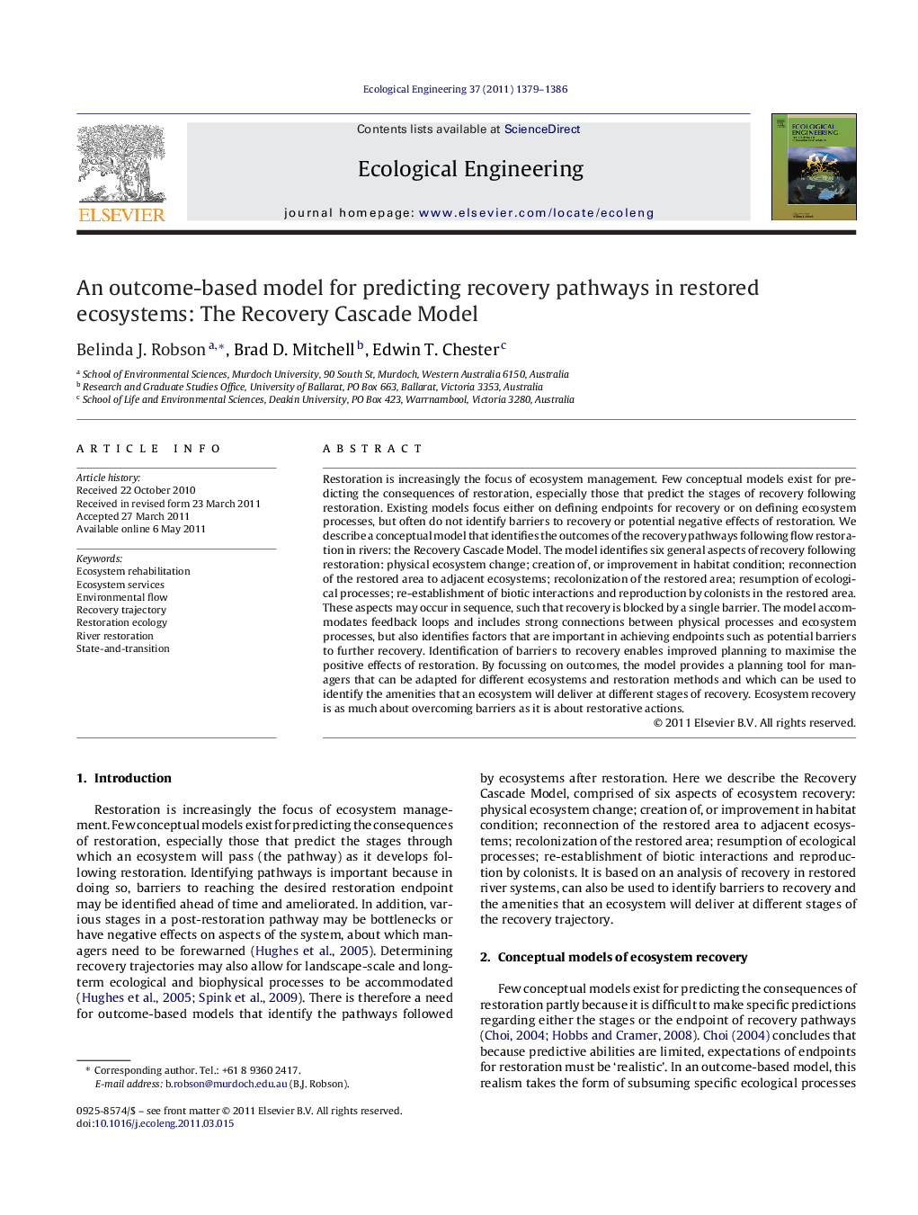 An outcome-based model for predicting recovery pathways in restored ecosystems: The Recovery Cascade Model