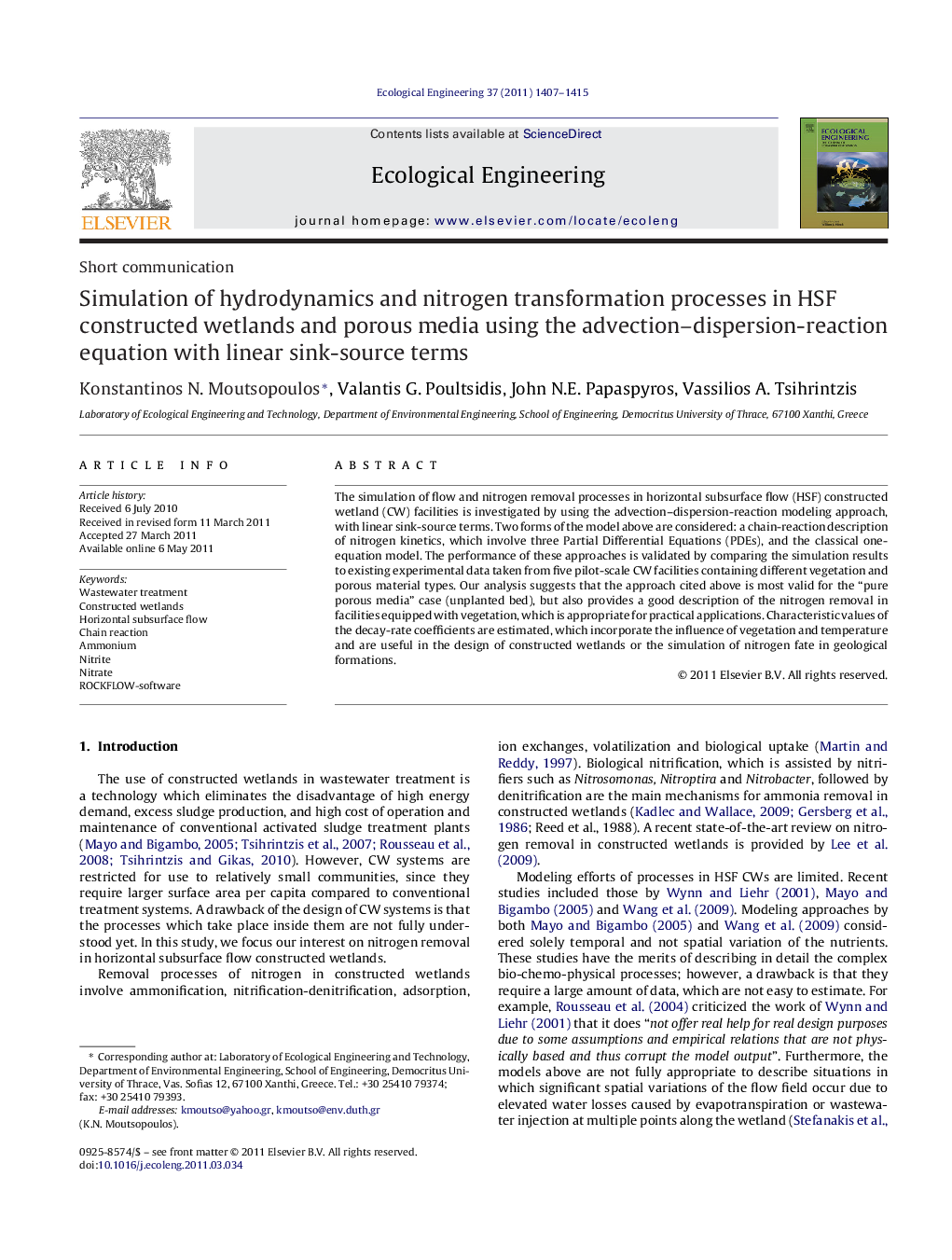 Simulation of hydrodynamics and nitrogen transformation processes in HSF constructed wetlands and porous media using the advection–dispersion-reaction equation with linear sink-source terms