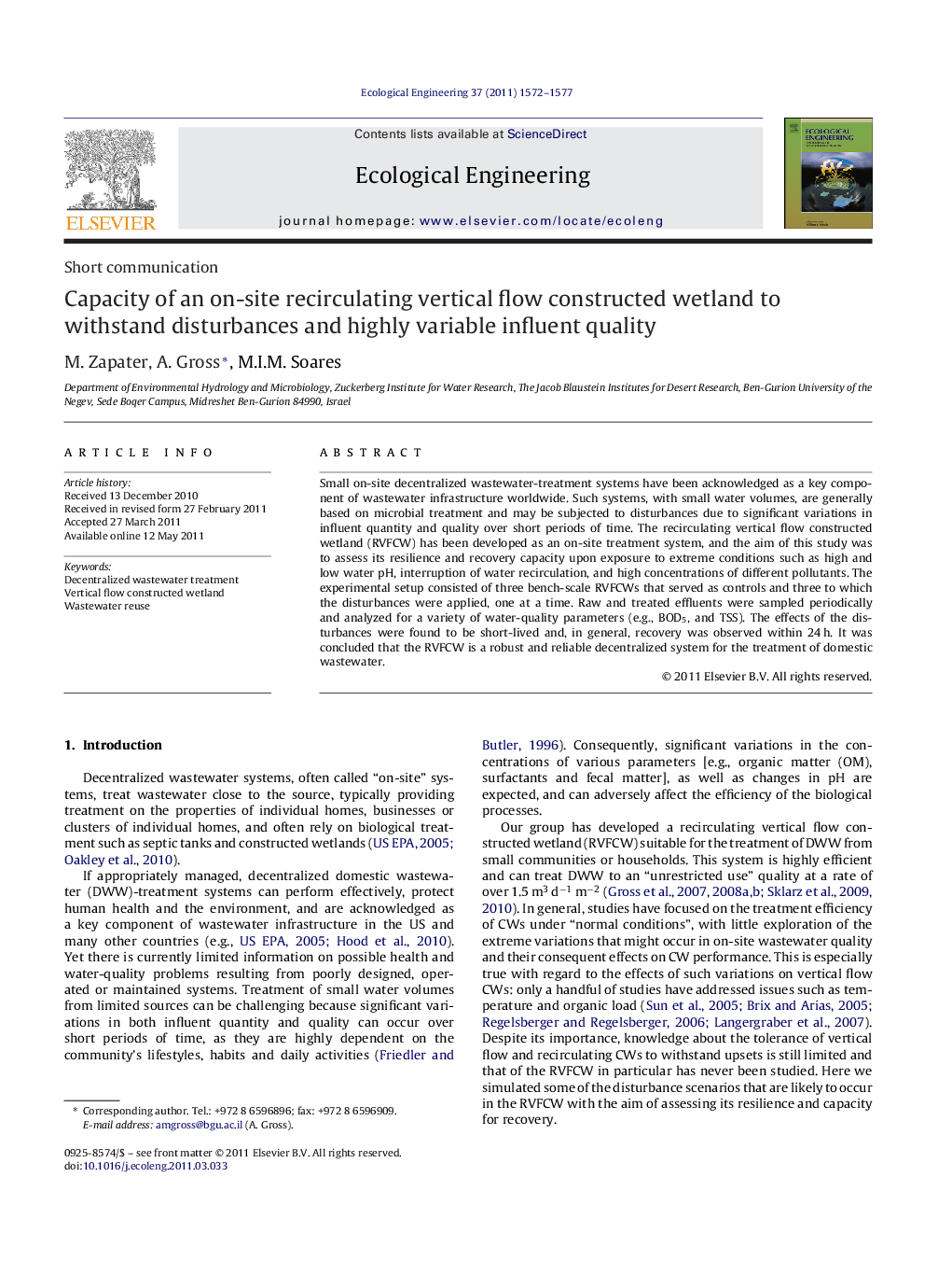 Capacity of an on-site recirculating vertical flow constructed wetland to withstand disturbances and highly variable influent quality