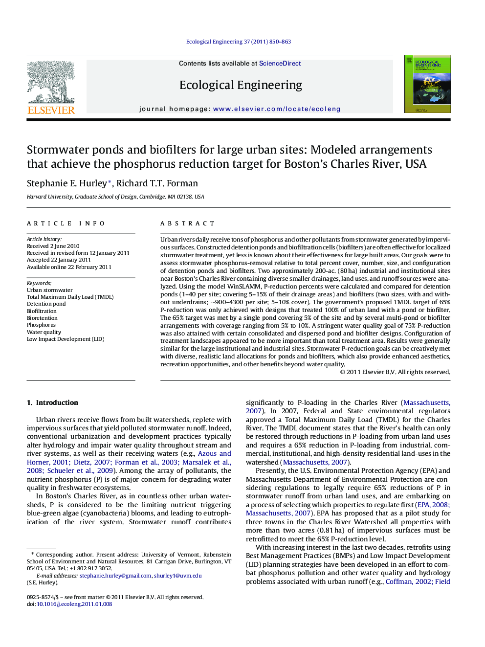Stormwater ponds and biofilters for large urban sites: Modeled arrangements that achieve the phosphorus reduction target for Boston's Charles River, USA