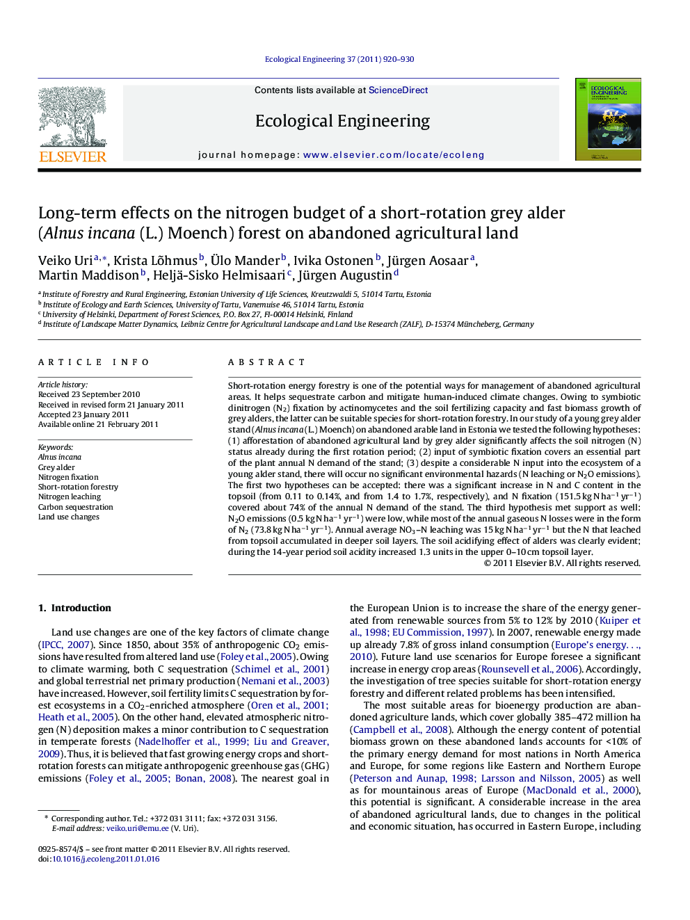 Long-term effects on the nitrogen budget of a short-rotation grey alder (Alnus incana (L.) Moench) forest on abandoned agricultural land