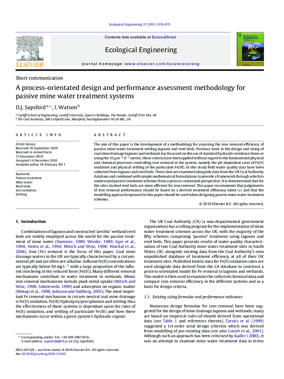 A process-orientated design and performance assessment methodology for passive mine water treatment systems