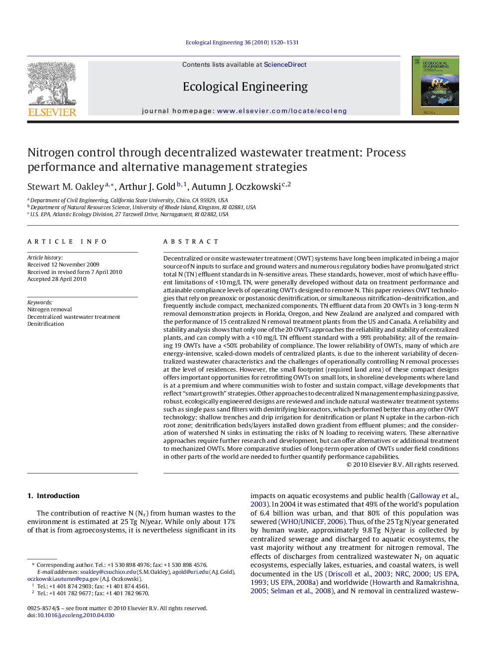 Nitrogen control through decentralized wastewater treatment: Process performance and alternative management strategies