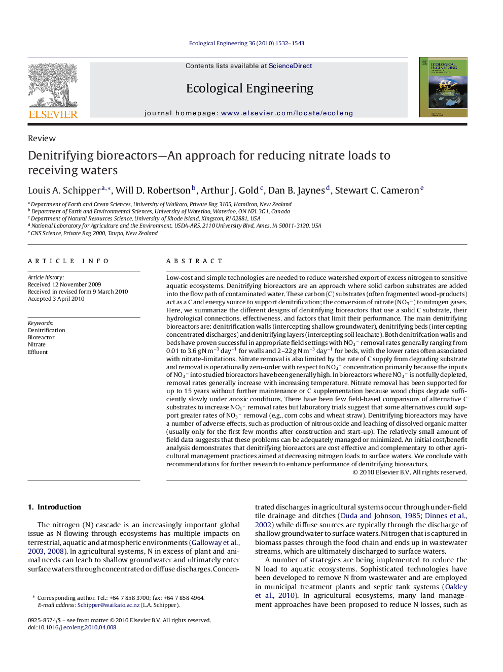 Denitrifying bioreactors—An approach for reducing nitrate loads to receiving waters