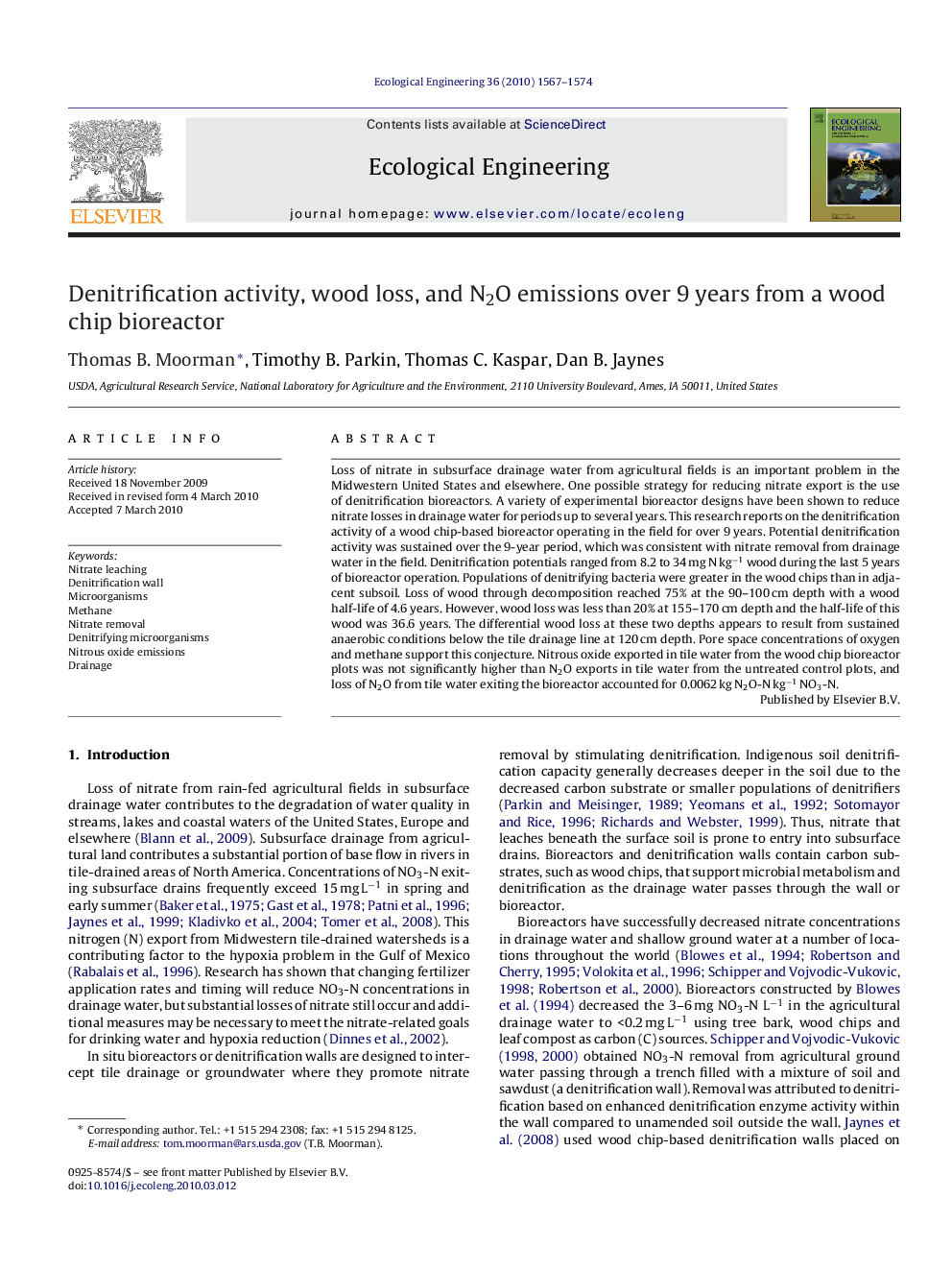 Denitrification activity, wood loss, and N2O emissions over 9 years from a wood chip bioreactor