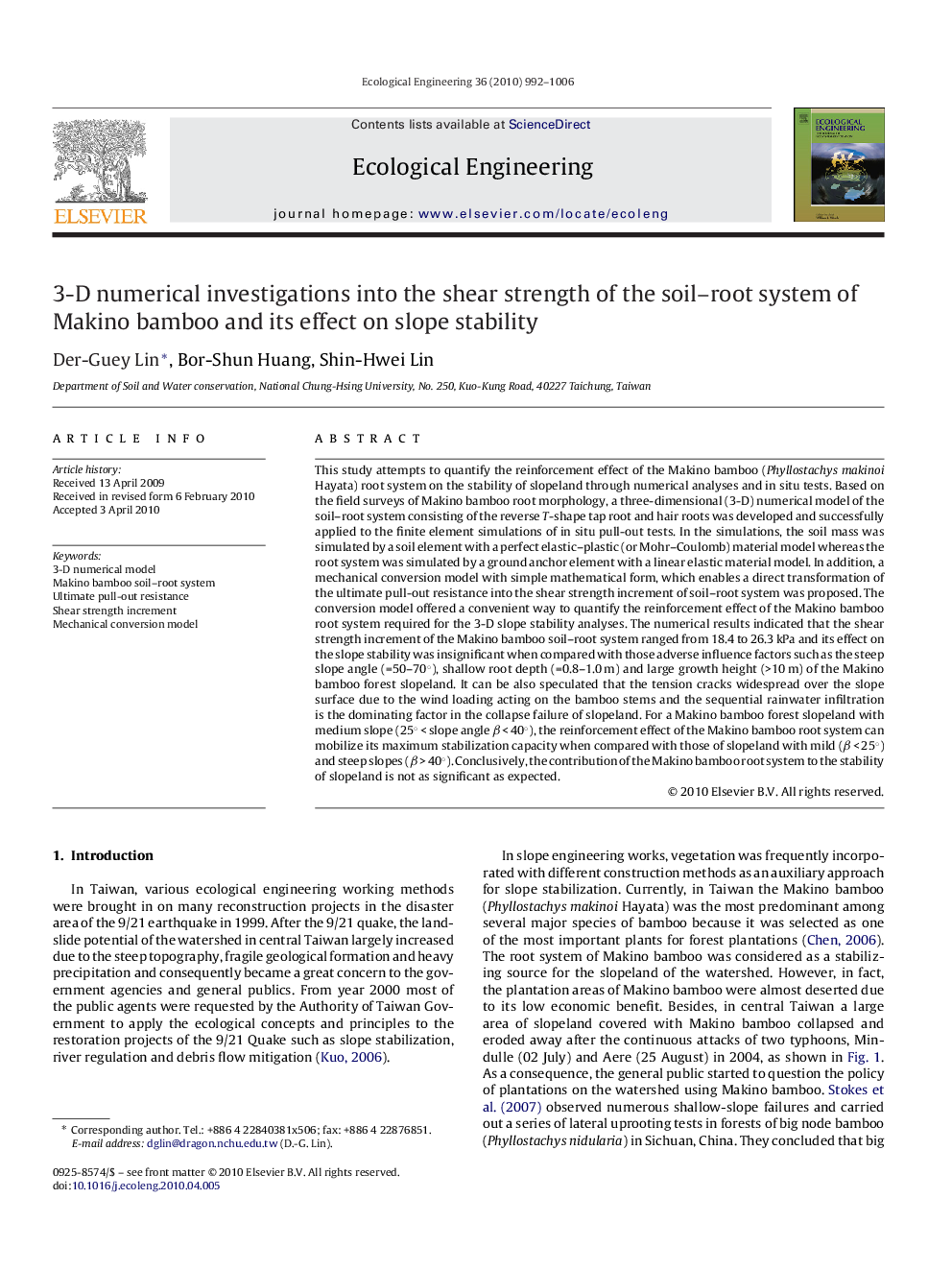 3-D numerical investigations into the shear strength of the soil–root system of Makino bamboo and its effect on slope stability