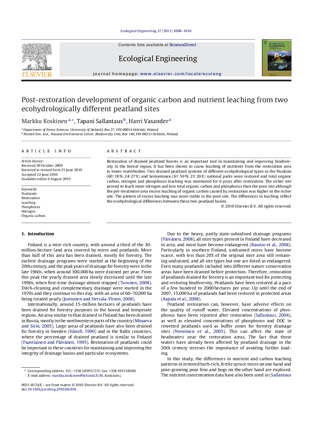 Post-restoration development of organic carbon and nutrient leaching from two ecohydrologically different peatland sites