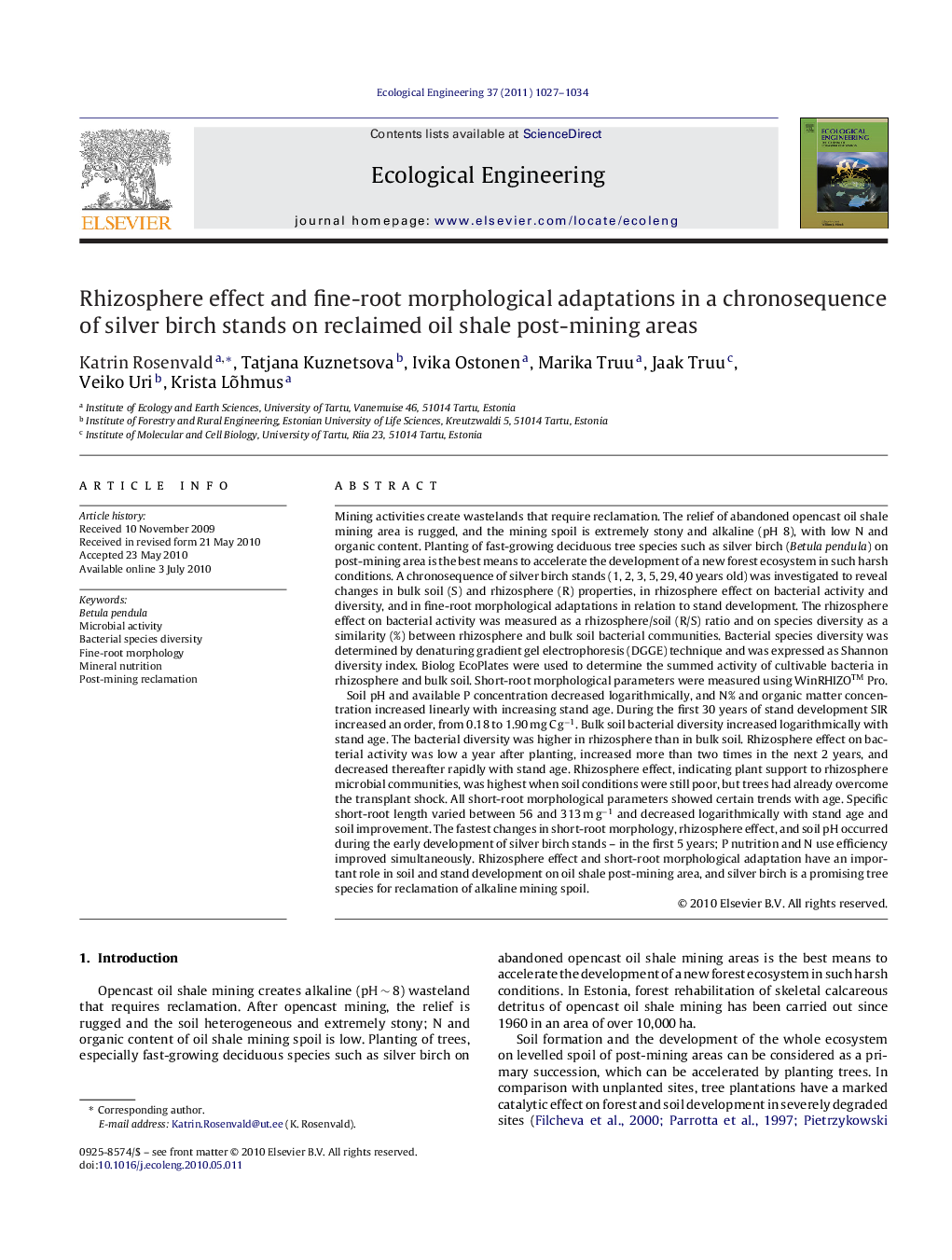 Rhizosphere effect and fine-root morphological adaptations in a chronosequence of silver birch stands on reclaimed oil shale post-mining areas