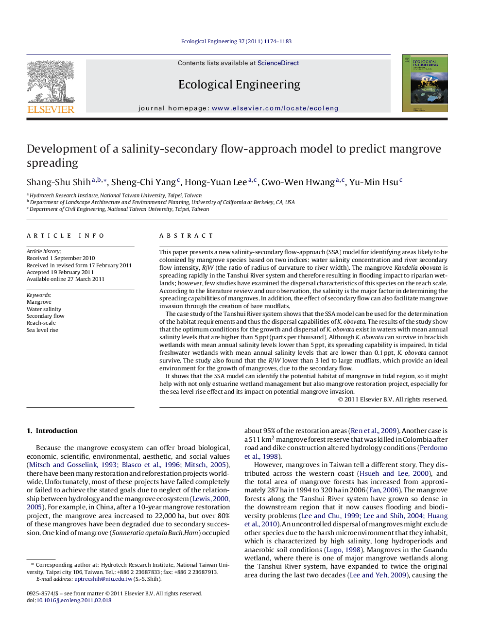 Development of a salinity-secondary flow-approach model to predict mangrove spreading