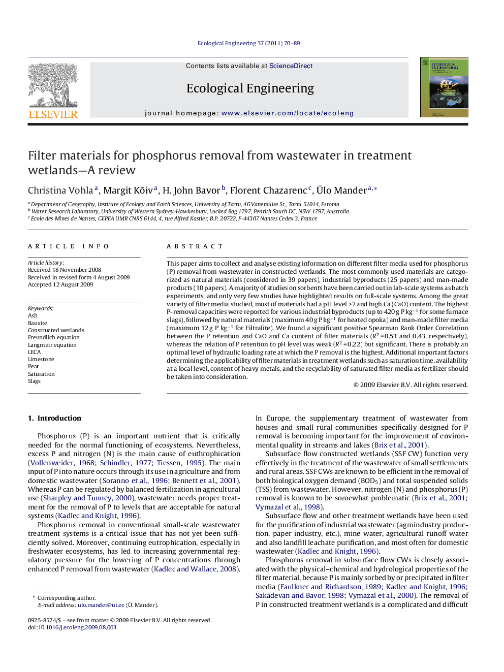 Filter materials for phosphorus removal from wastewater in treatment wetlands—A review