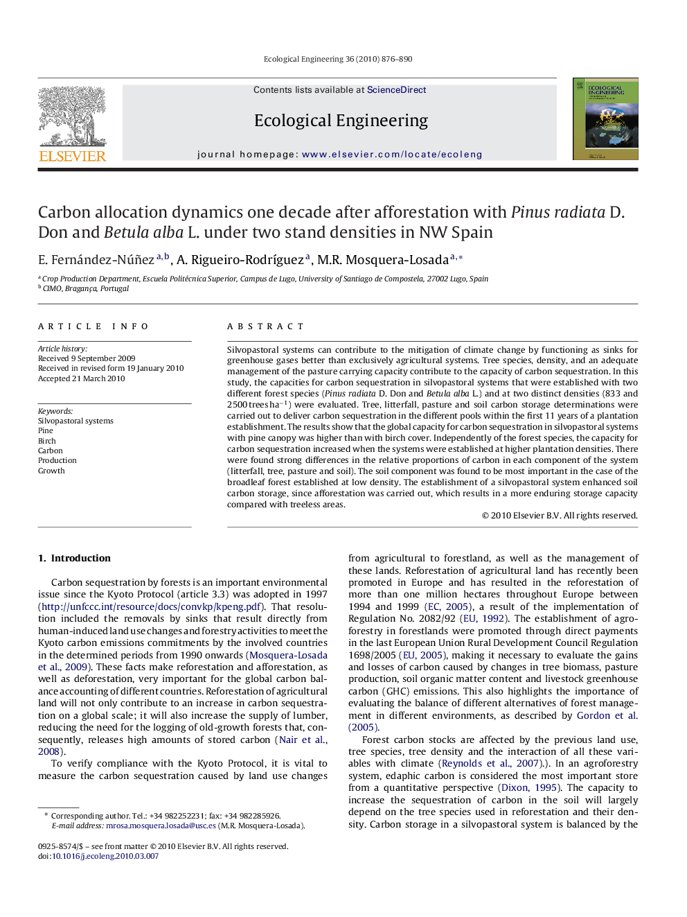 Carbon allocation dynamics one decade after afforestation with Pinus radiata D. Don and Betula alba L. under two stand densities in NW Spain